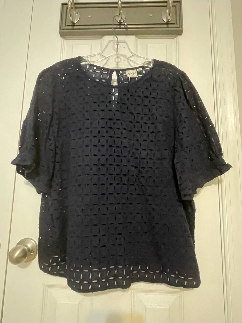 GAP Navy Eyelet Short Sleeve Blouse (L)